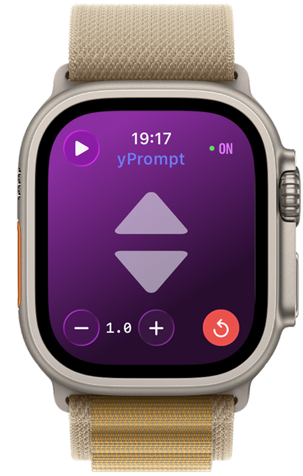 Apple Watch displaying YPrompt playback controls